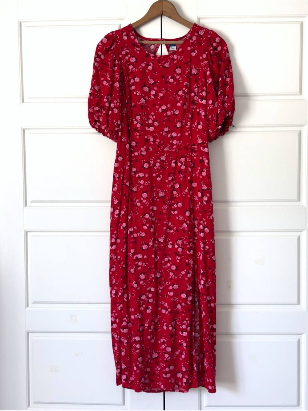 Old Navy Floral Midi Dress Women Large Red Puff Sleeve Cottagecore Prairie Boho